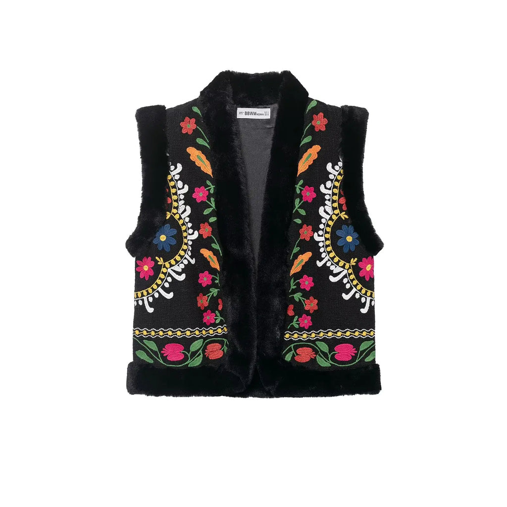 Floral embroidery faux fur vest
