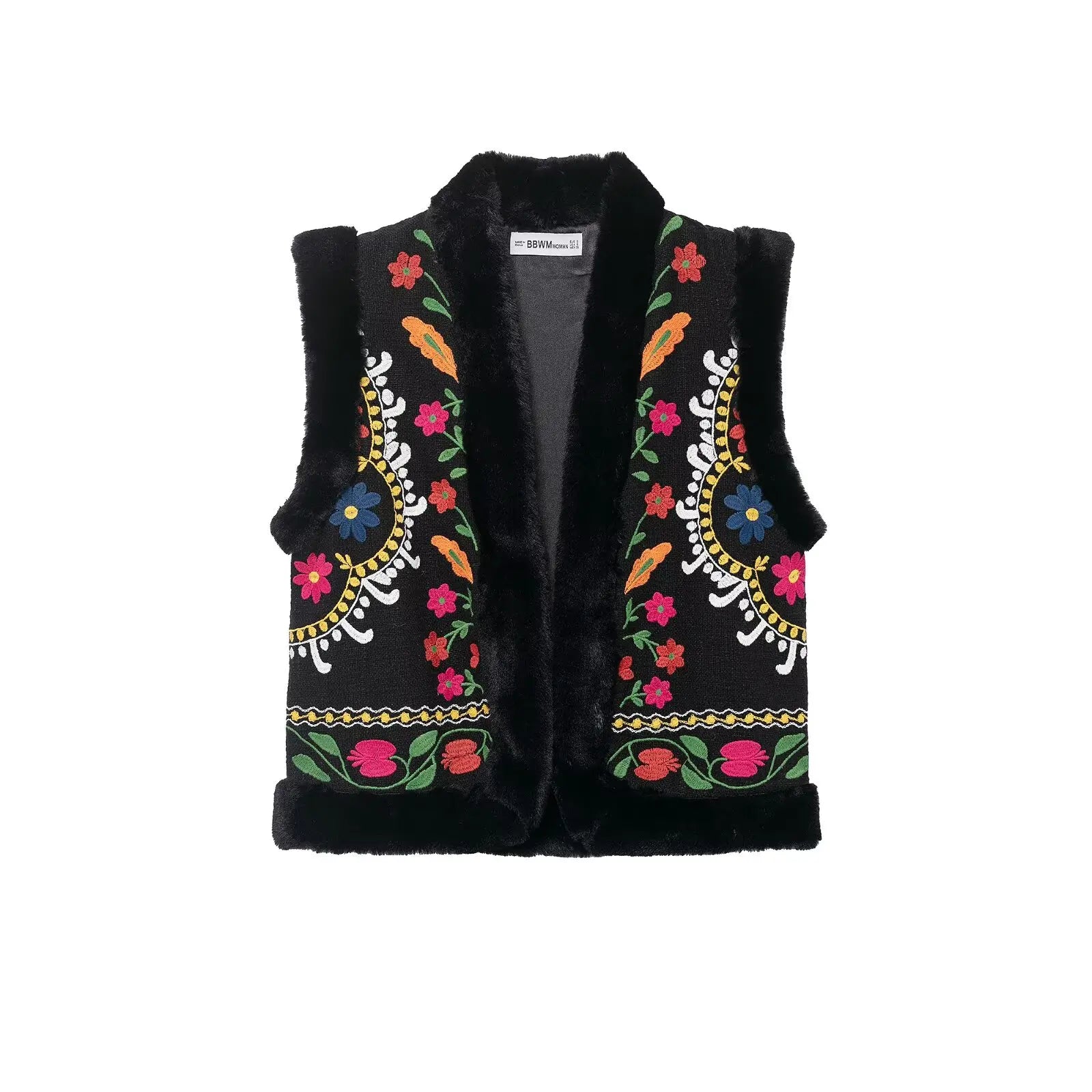 Floral embroidery faux fur vest