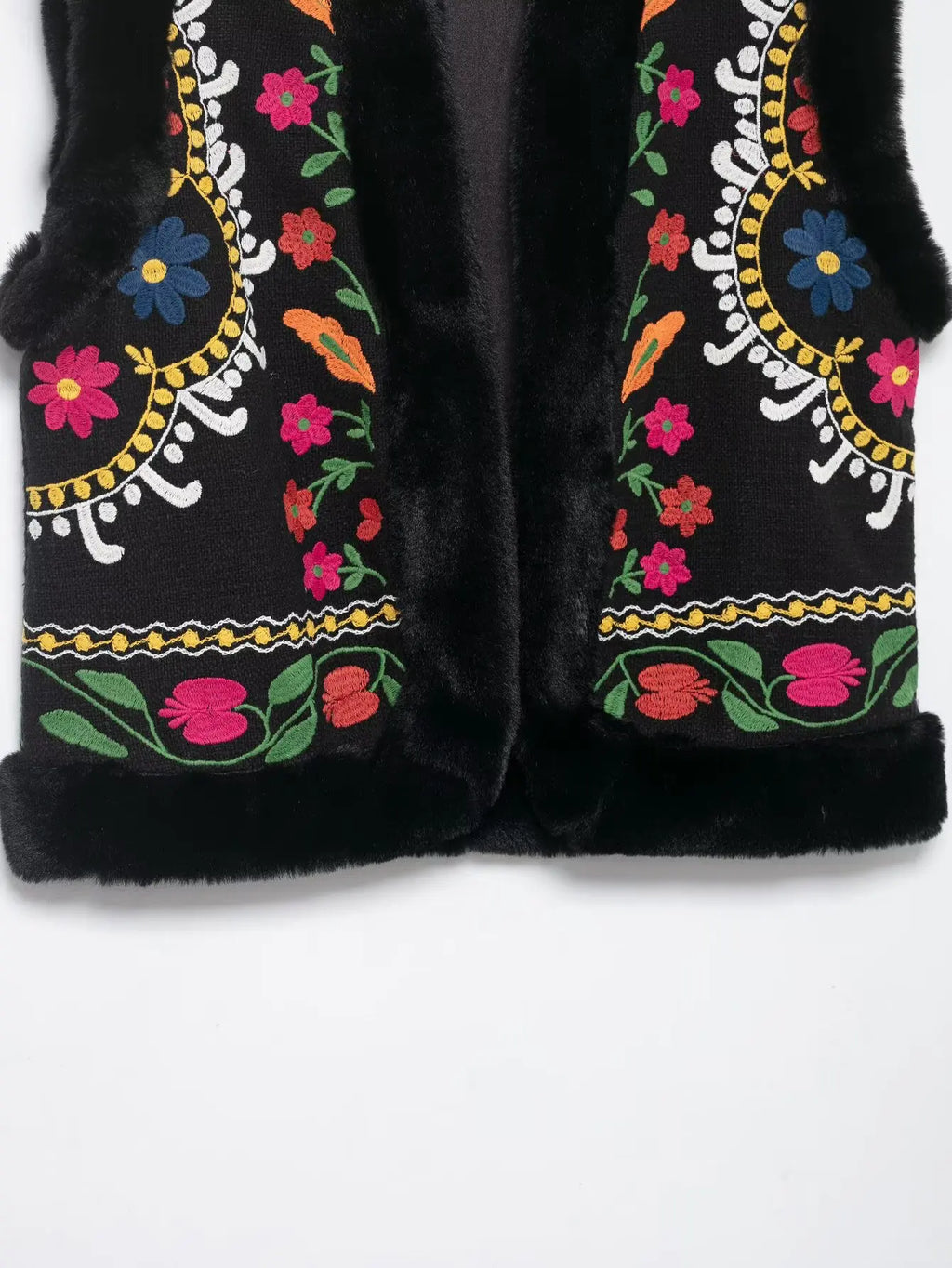 Floral embroidery faux fur vest