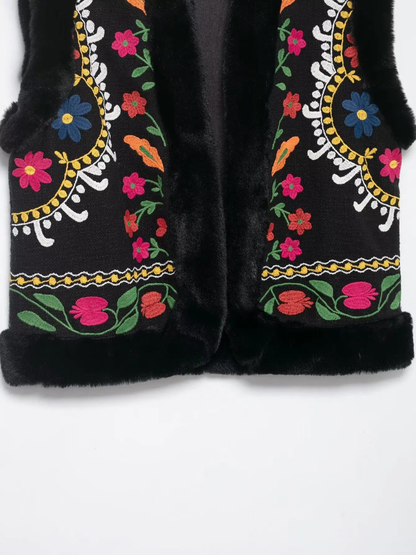 Floral embroidery faux fur vest