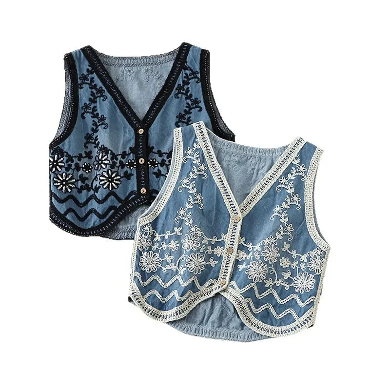 Embroidered cotton denim vest