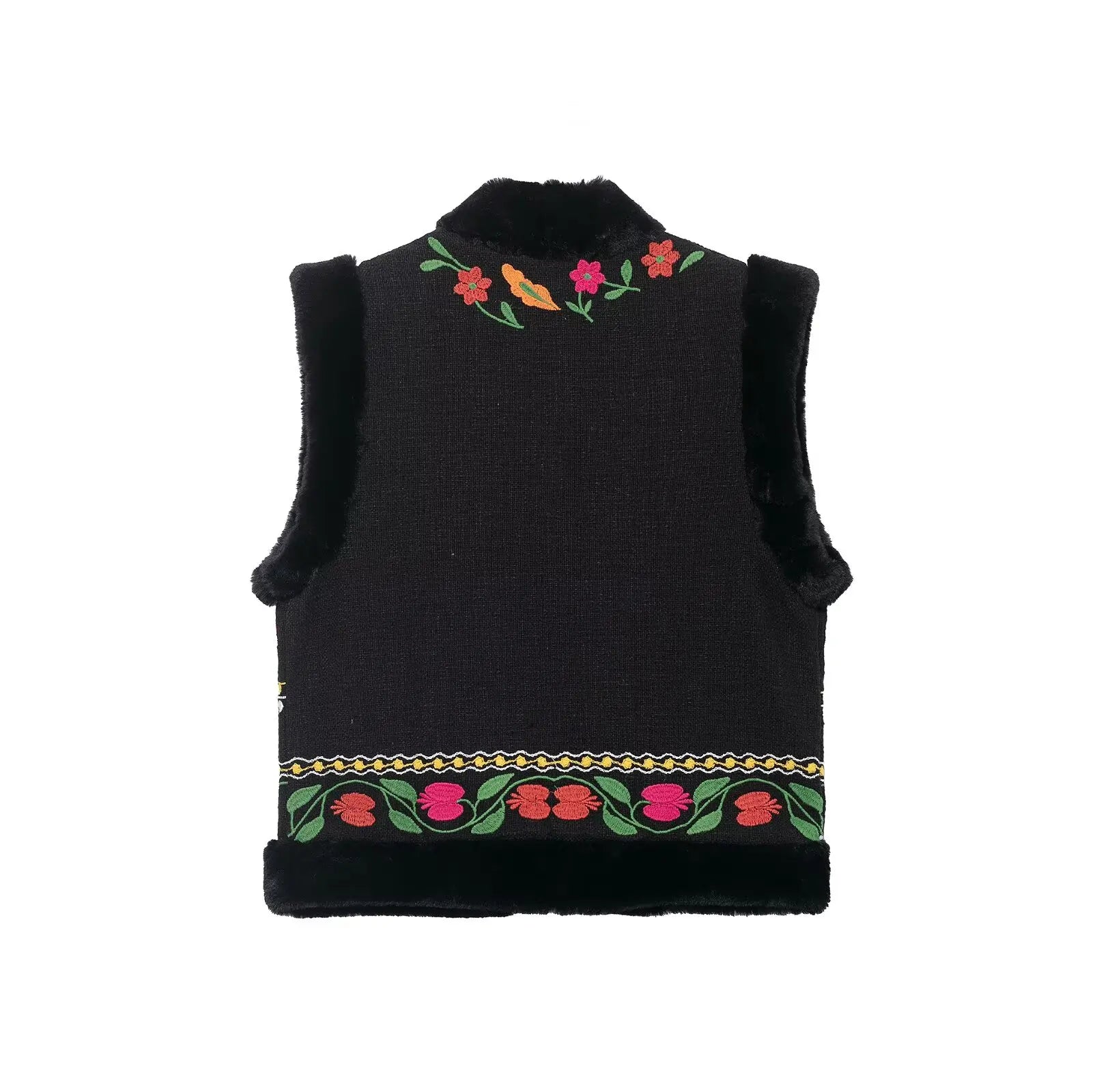 Floral embroidery faux fur vest