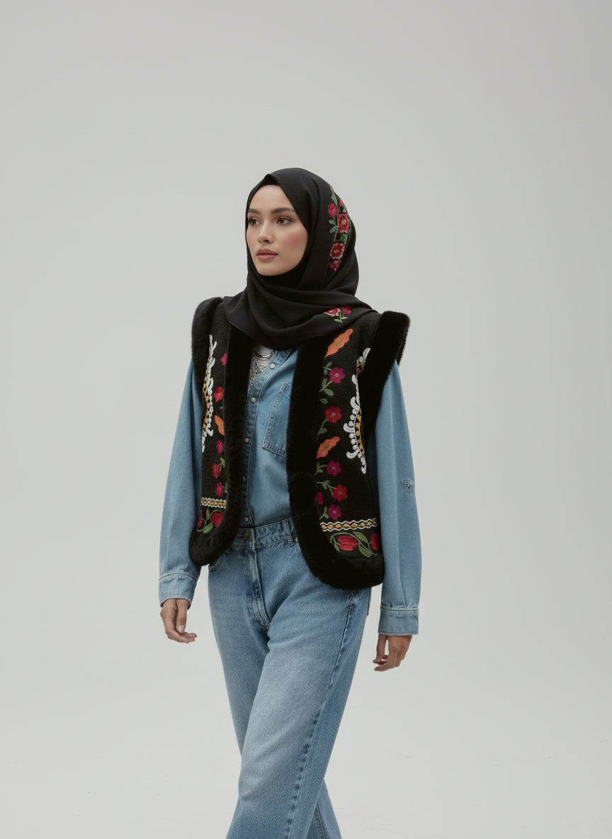 Floral embroidery faux fur vest