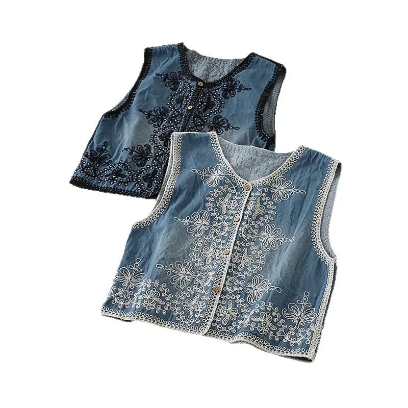 Embroidered denim vest