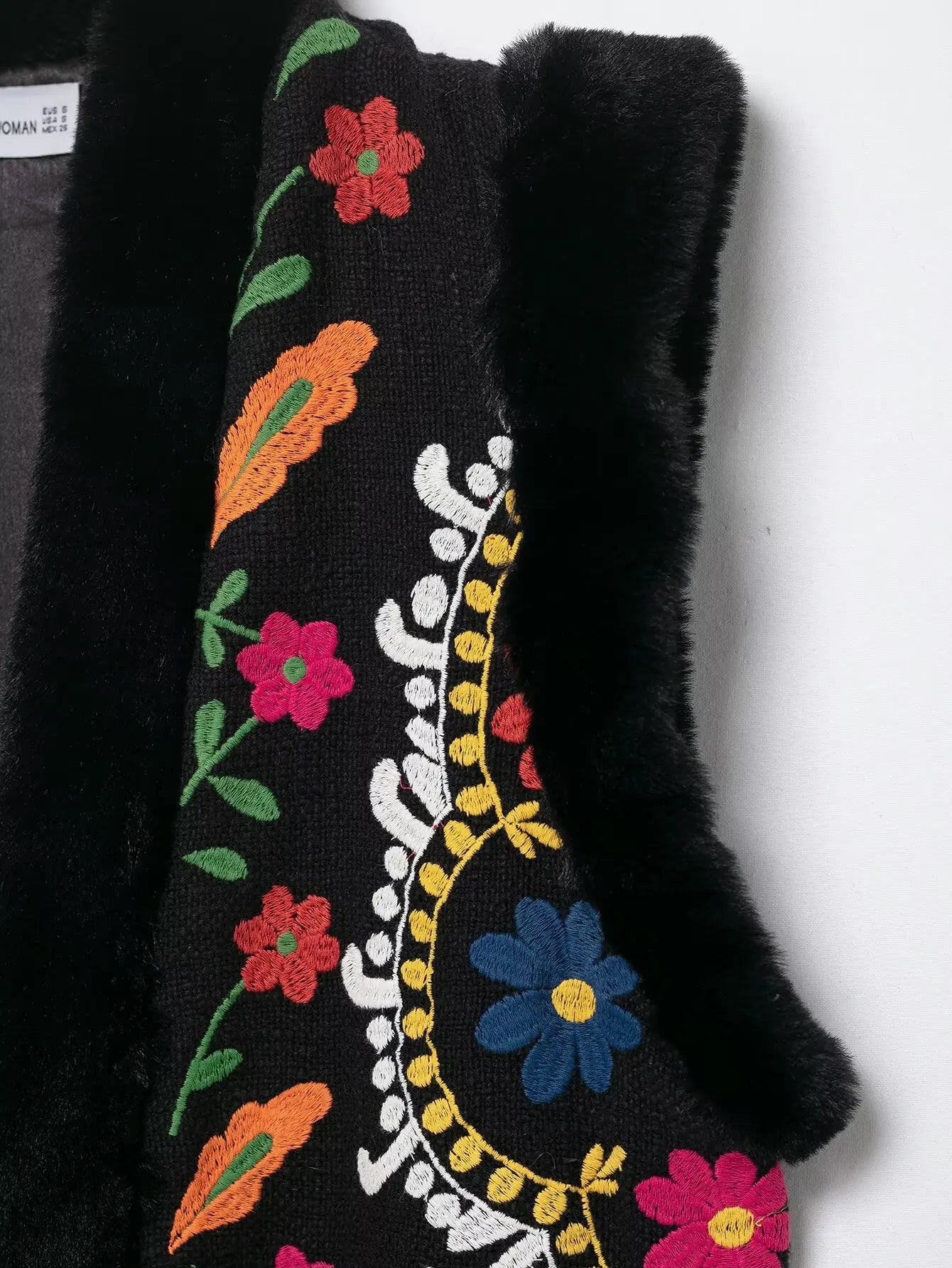 Floral embroidery faux fur vest