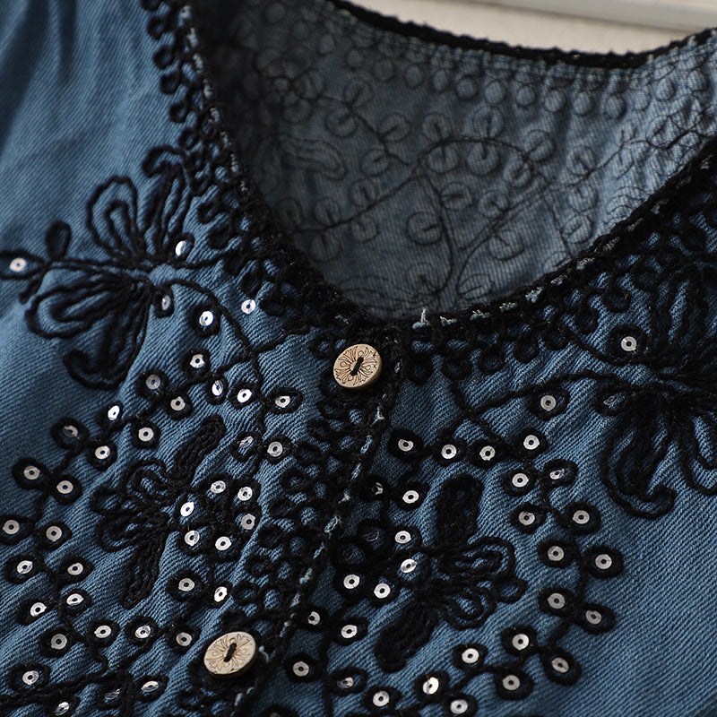 Embroidered denim vest