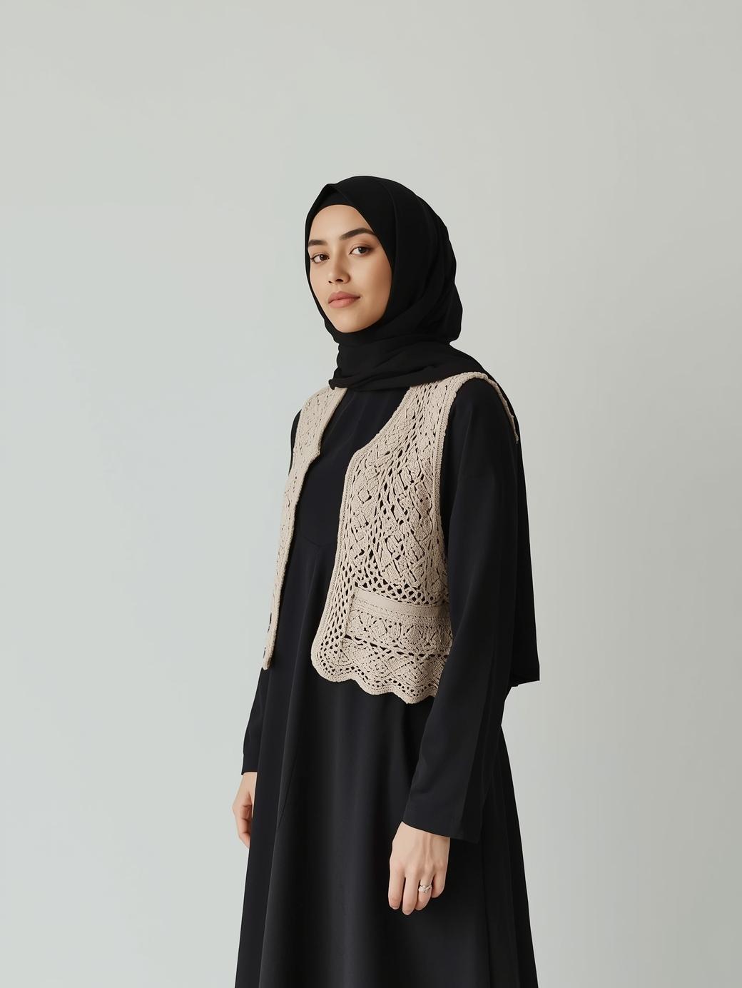 Woman wearing a black hijab and black dress with lace details on a gray background